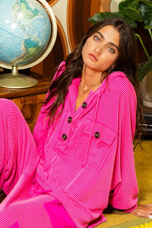 Button Up Solid Knit Hoodie With Tunnel Hem