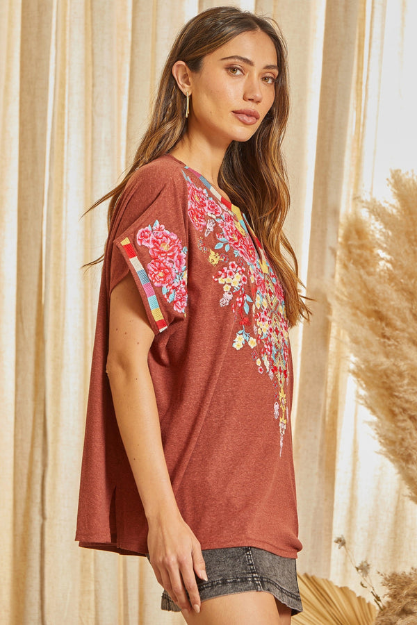 Poncho Top with Floral Embroidery - Curvy Size