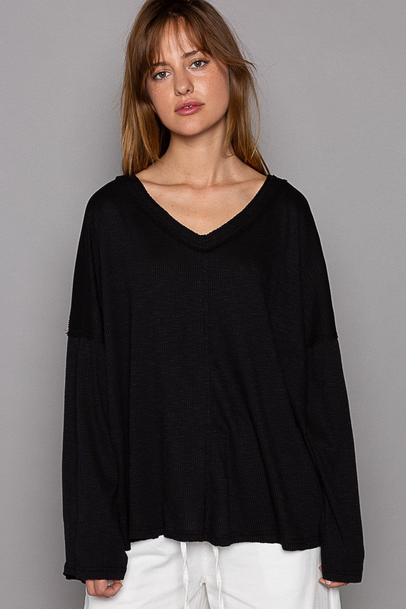 POL Oversize V-neck Long Sleeve Solid Basic Top - 3 Colors