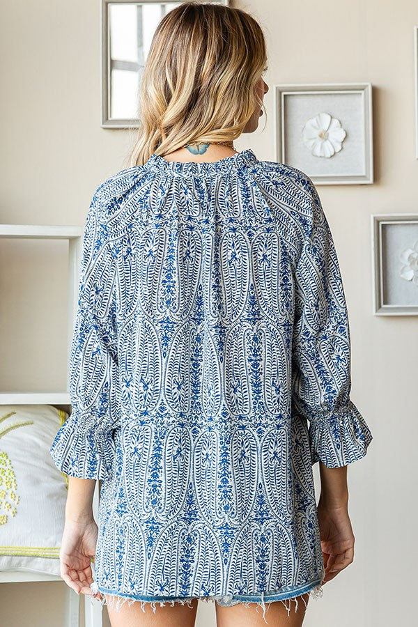 Paisley Print Tie-keyhole 3/4 sleeve Blouse - Curvy Size - 2 Colors