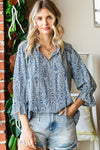 Paisley Print Tie-keyhole 3/4 sleeve Blouse - Curvy Size - 2 Colors