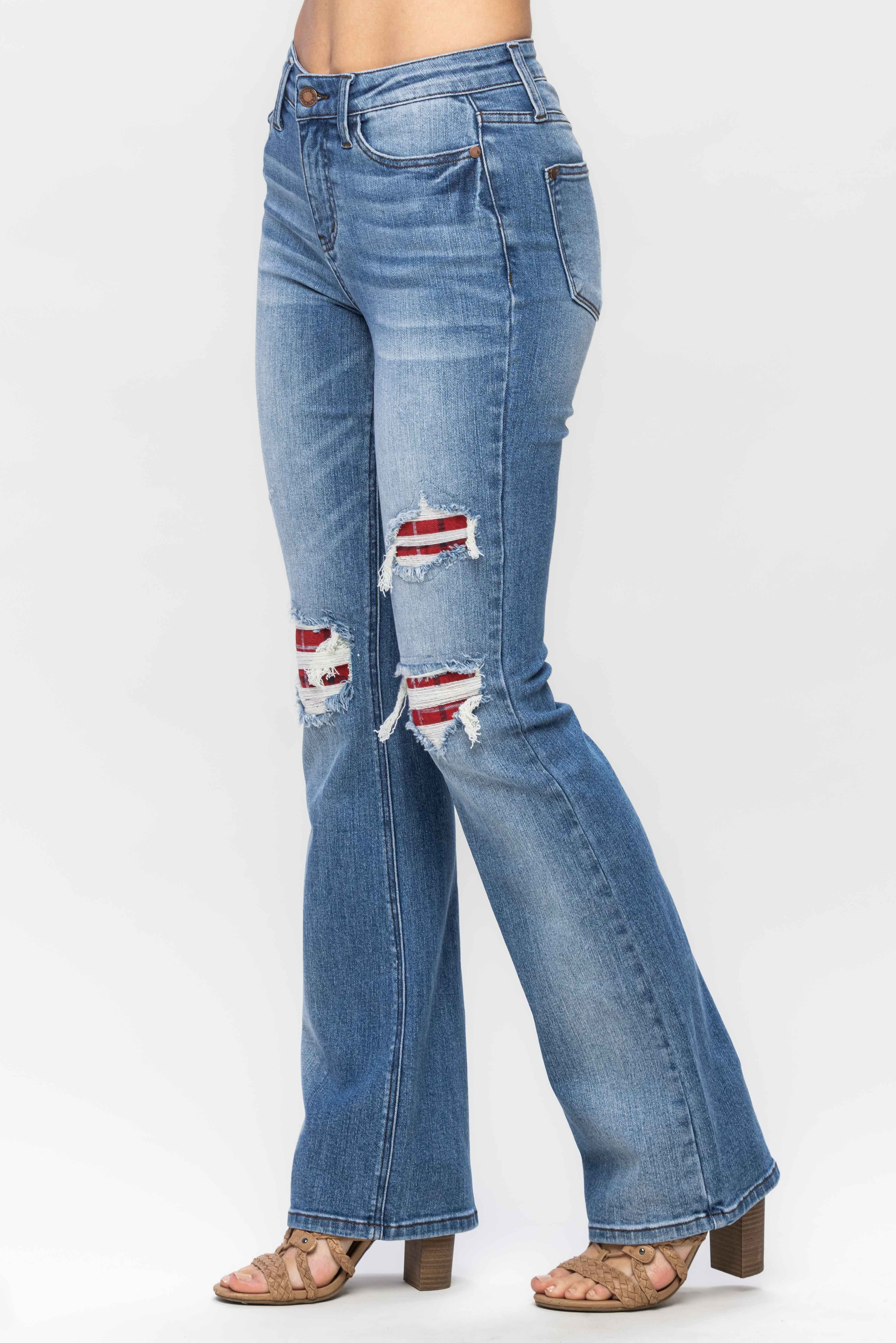 Judy Blue Mid Rise Plaid Patch Detail Bootcut - Curvy Size