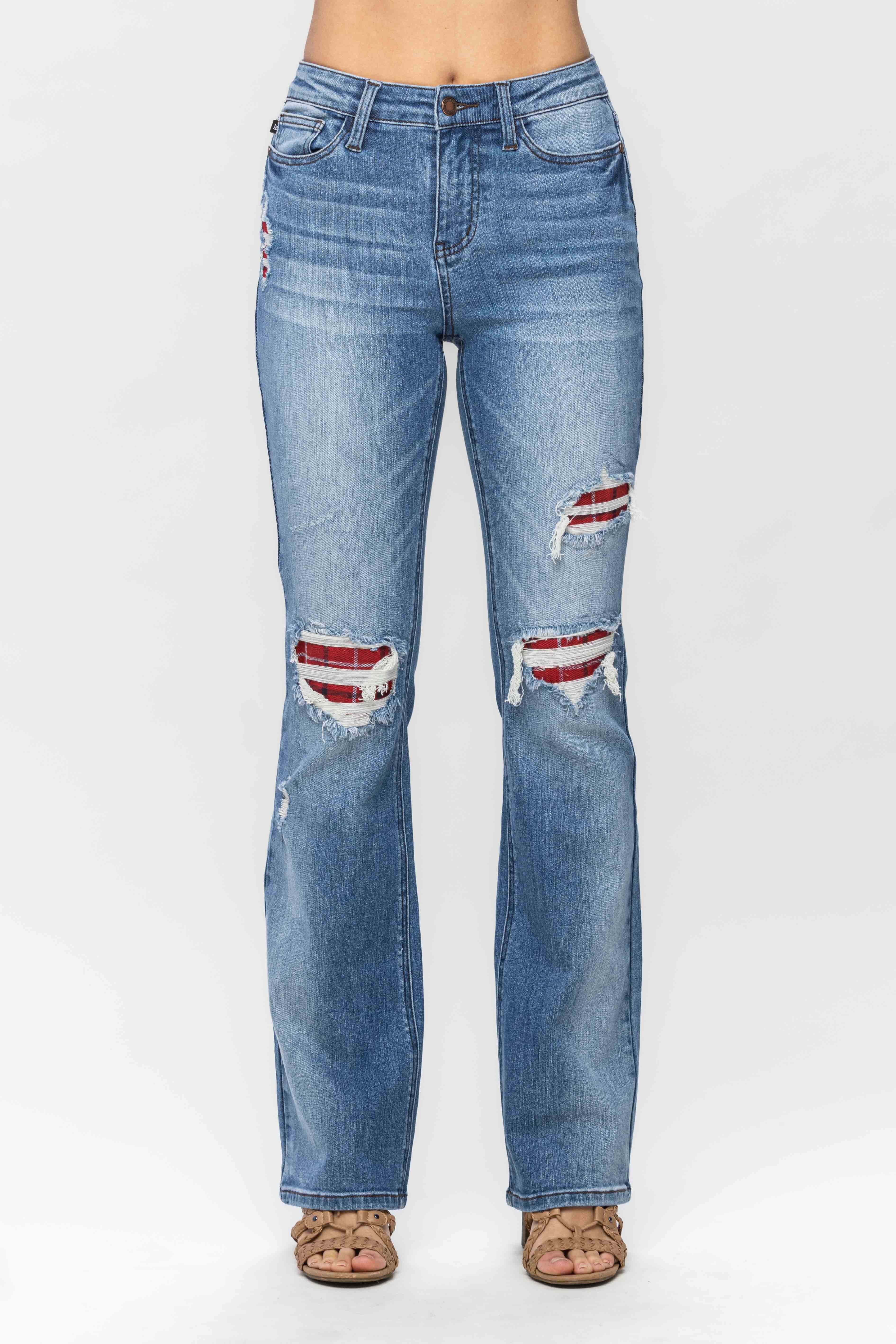 Judy Blue Mid Rise Plaid Patch Detail Bootcut - Curvy Size