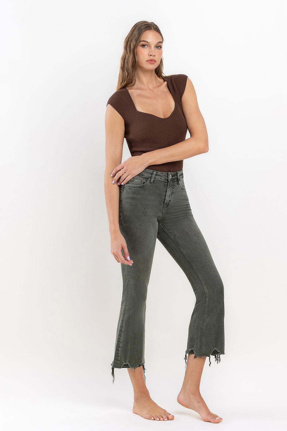 Vervet High Rise Distressed Hem Crop Flare Jeans