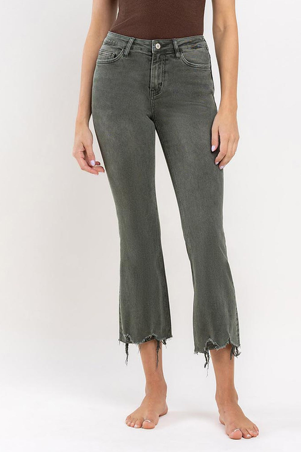 Vervet High Rise Distressed Hem Crop Flare Jeans