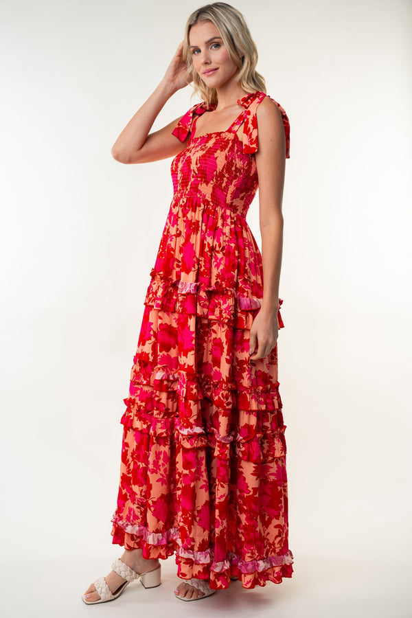 White Birch Smoked W/tie Maxi Dress