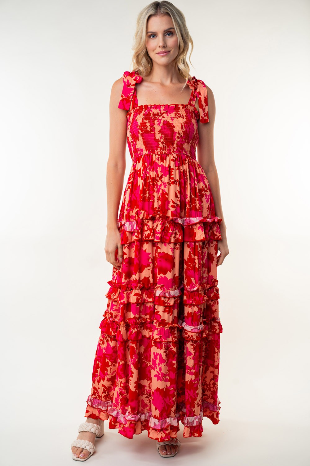 White Birch Smoked W/tie Maxi Dress
