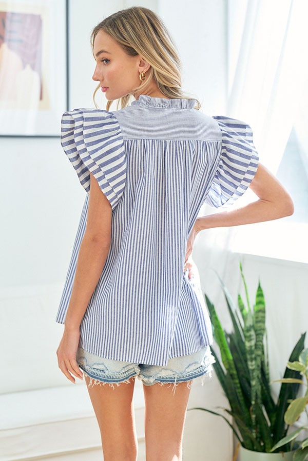 First Love Multi-Striped Split Neckline Flutter Sleeve blouse - Curvy Size