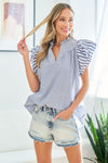 First Love Multi-Striped Split Neckline Flutter Sleeve blouse - Curvy Size