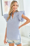 First Love Multi-Striped Split Neckline Flutter Sleeve blouse - Curvy Size