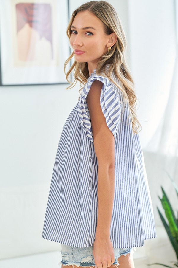 First Love Multi-Striped Split Neckline Flutter Sleeve blouse - Curvy Size