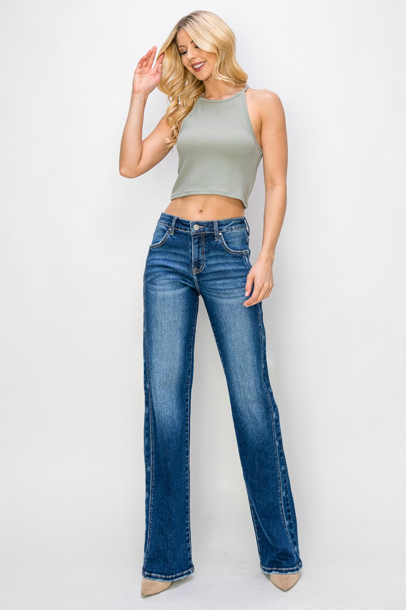 Risen Mid Rise Side Star Print Detail Straight Jeans