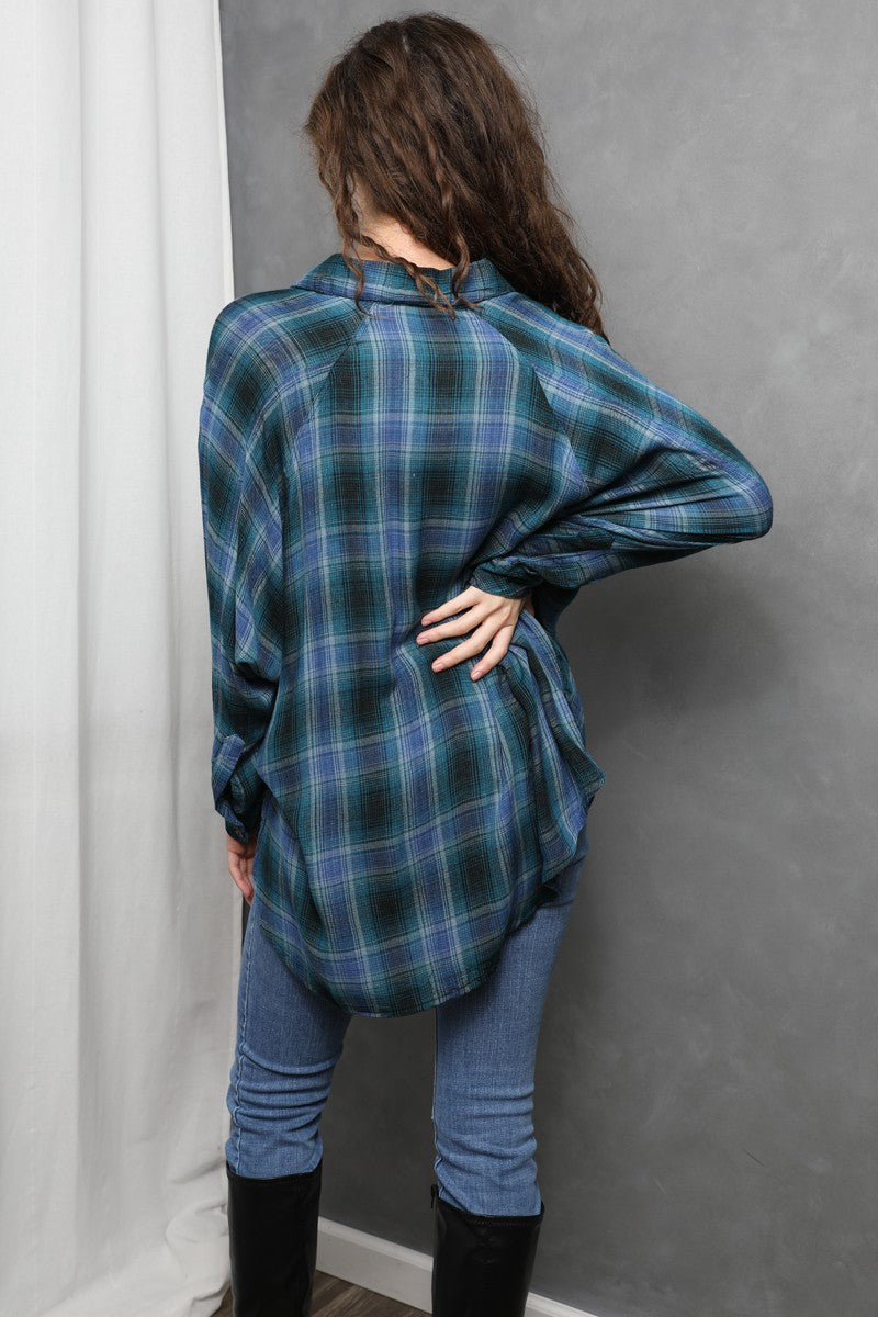Angie Plaid Hi Lo Hem Button Front Oversize Shirt