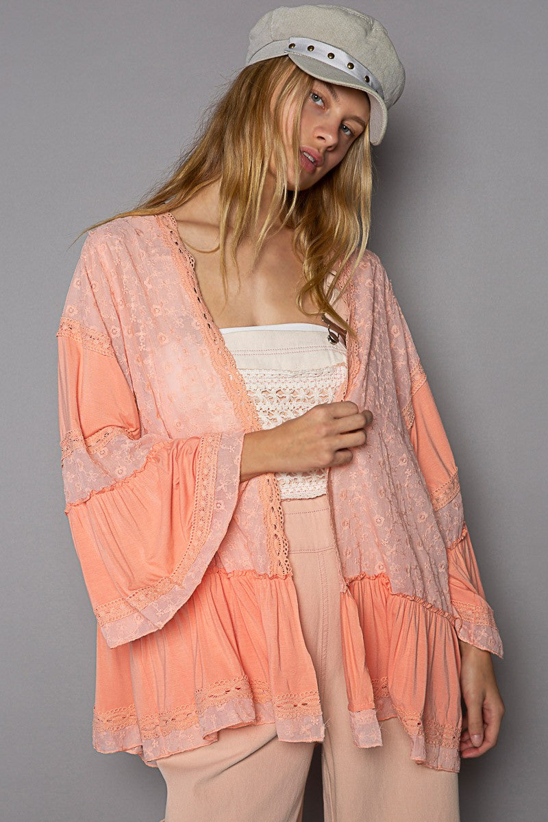 POL Lace Long Flare Sleeve Embroidered Open Cardigan - 2 Colors