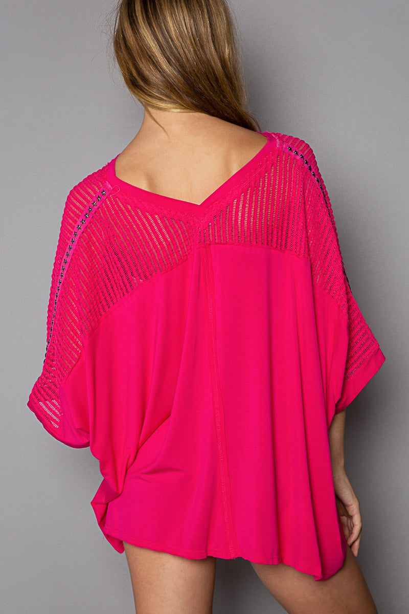 POL Oversize v-neck crochet lace contrast studded top - 2 Colors