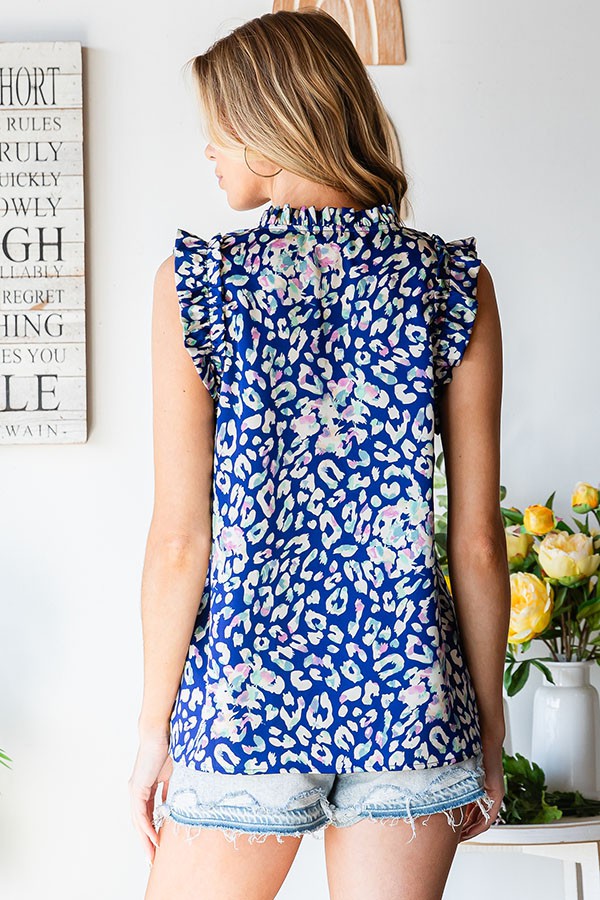 First Love Abstract Print Ruffle Shoulder Sleeveless Blouse