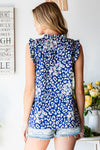First Love Abstract Print Ruffle Shoulder Sleeveless Blouse