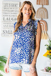 First Love Abstract Print Ruffle Shoulder Sleeveless Blouse