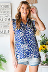 First Love Abstract Print Ruffle Shoulder Sleeveless Blouse