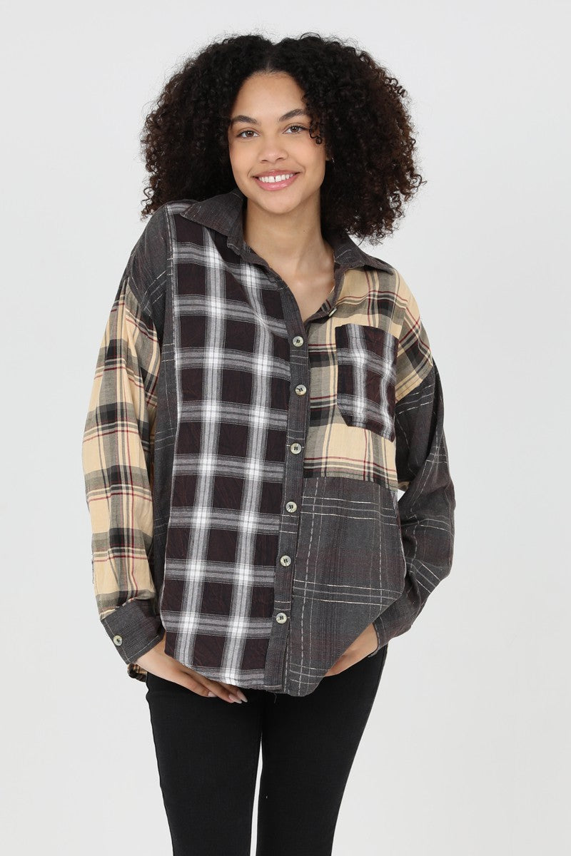Angie Mixed Plaid Button Front Relaxed Fit Shirt
