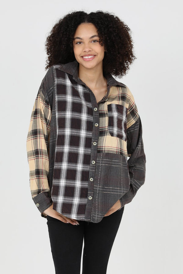 Angie Mixed Plaid Button Front Relaxed Fit Shirt