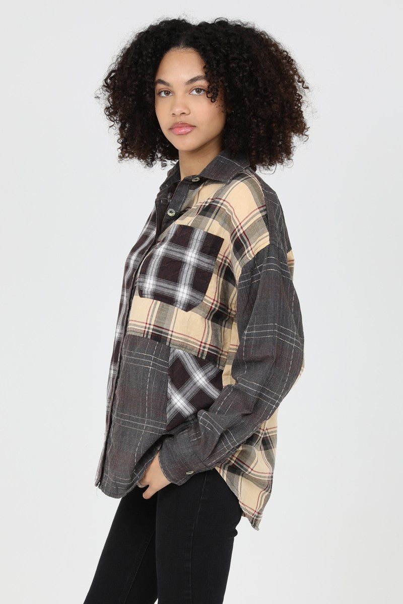 Angie Mixed Plaid Button Front Relaxed Fit Shirt