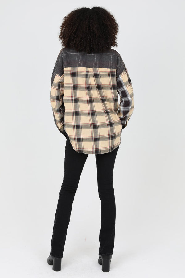 Angie Mixed Plaid Button Front Relaxed Fit Shirt