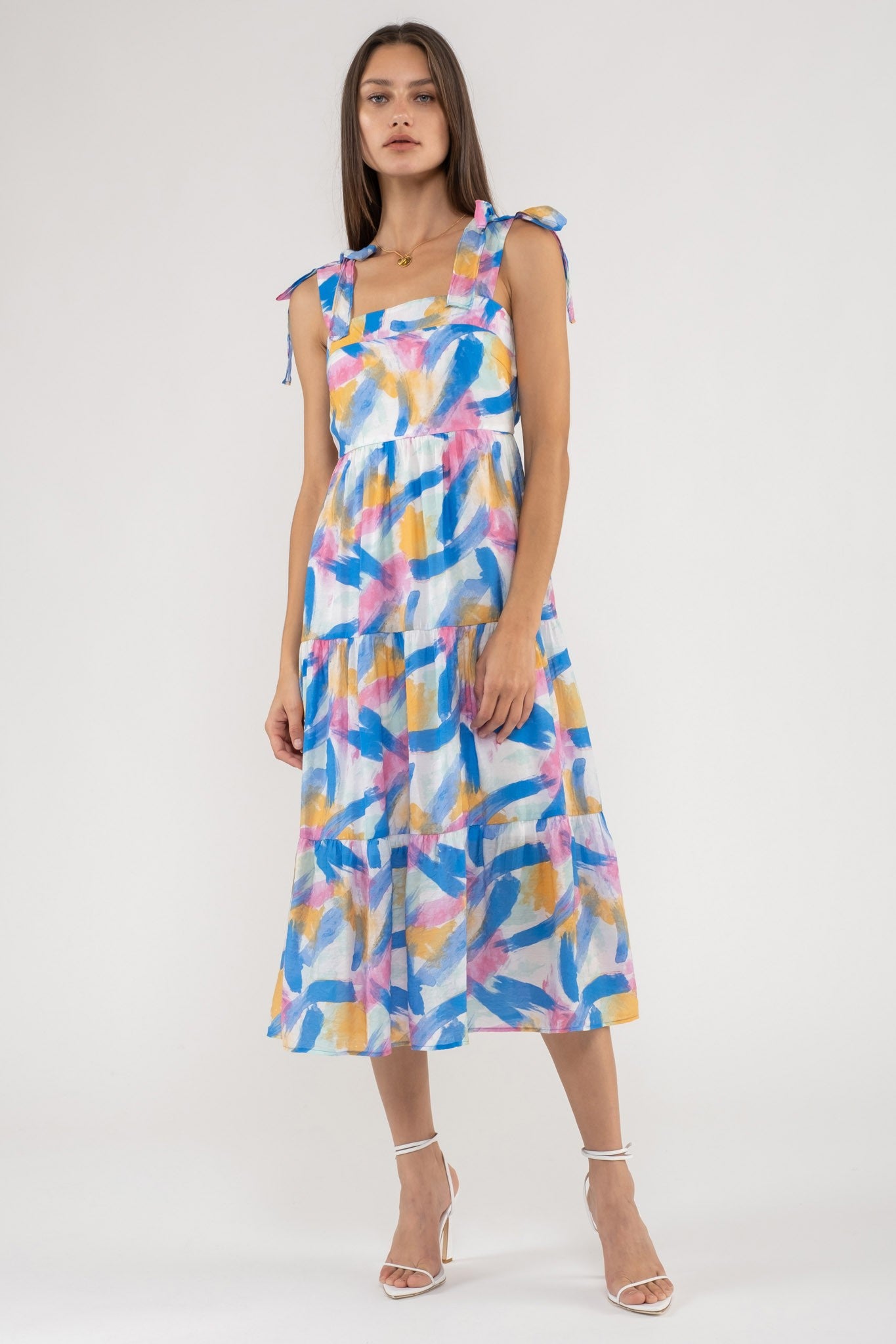 Brush Stroke Print Tiered Midi Dress