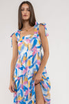 Brush Stroke Print Tiered Midi Dress