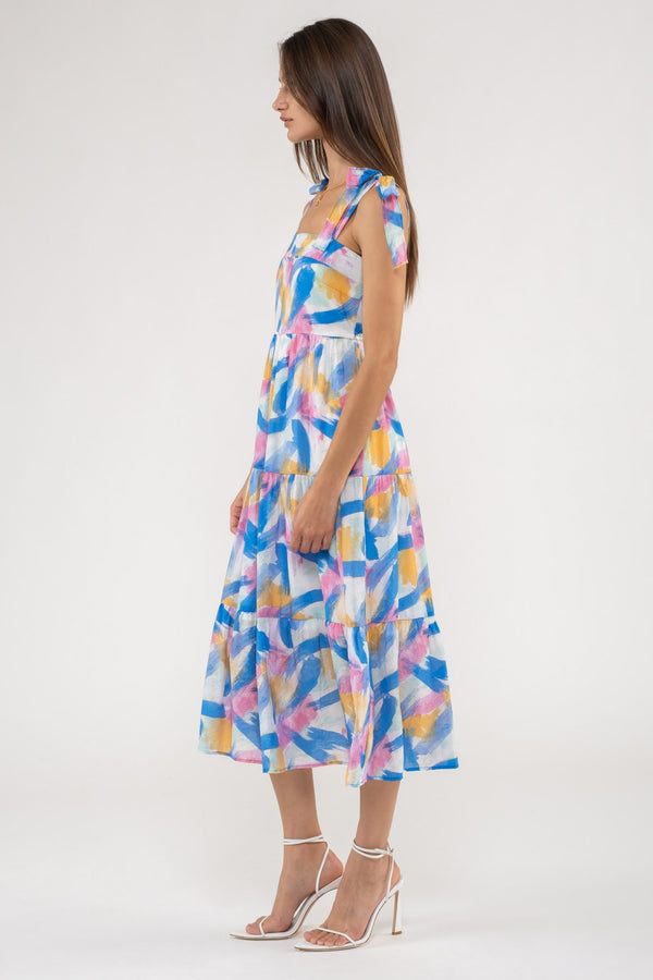 Brush Stroke Print Tiered Midi Dress