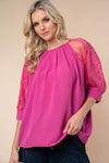 White Birch Three Quarter Sleeve Solid Woven Top - Curvy Size