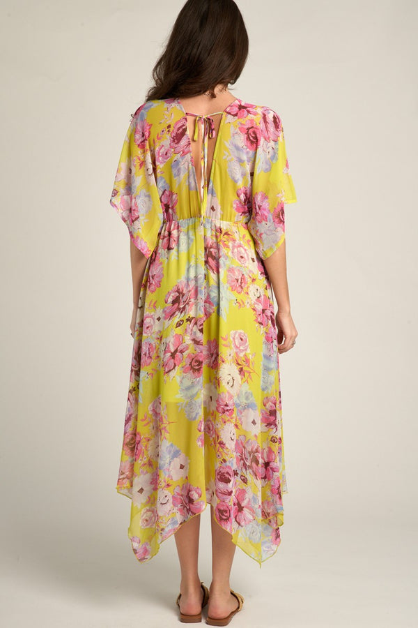 En Creme Floral Print Kimono Sleeve Midi Dress