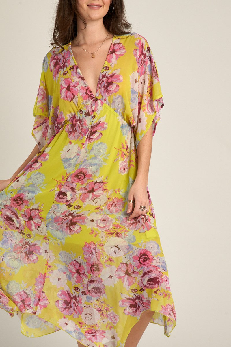 En Creme Floral Print Kimono Sleeve Midi Dress