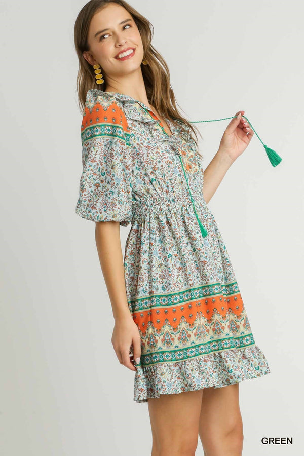 SALE Umgee V-neck Boarder print Dress with Elastic Waist