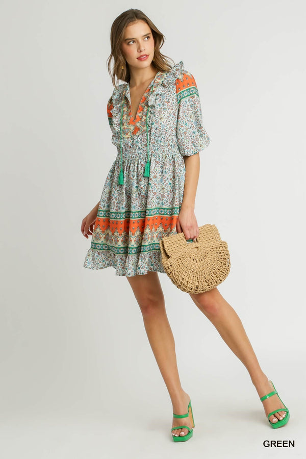 SALE Umgee V-neck Boarder print Dress with Elastic Waist