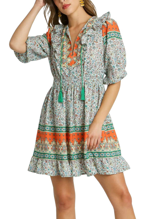 SALE Umgee V-neck Boarder print Dress with Elastic Waist