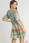 SALE Umgee V-neck Boarder print Dress with Elastic Waist
