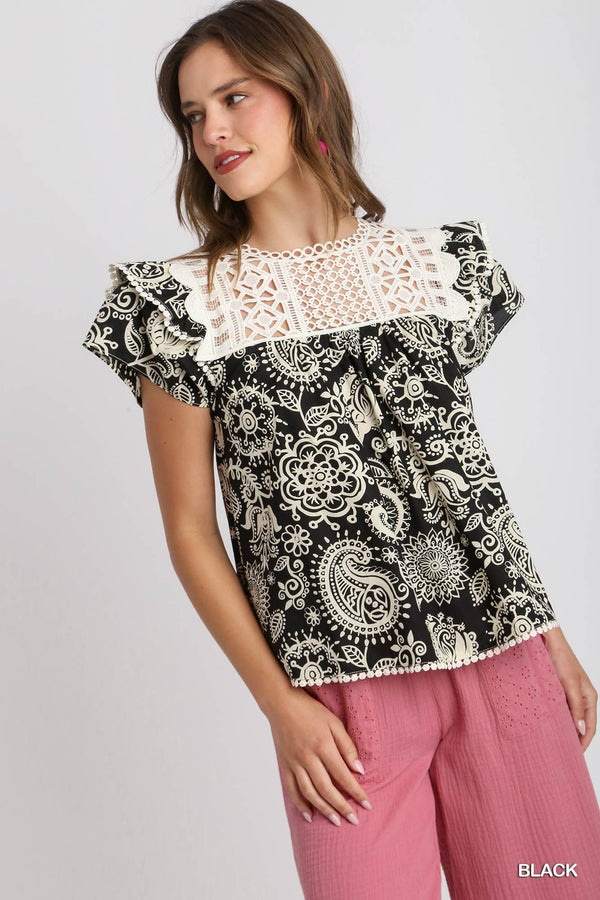 Umgee Crochet Yoke Paisley Round Neck Top