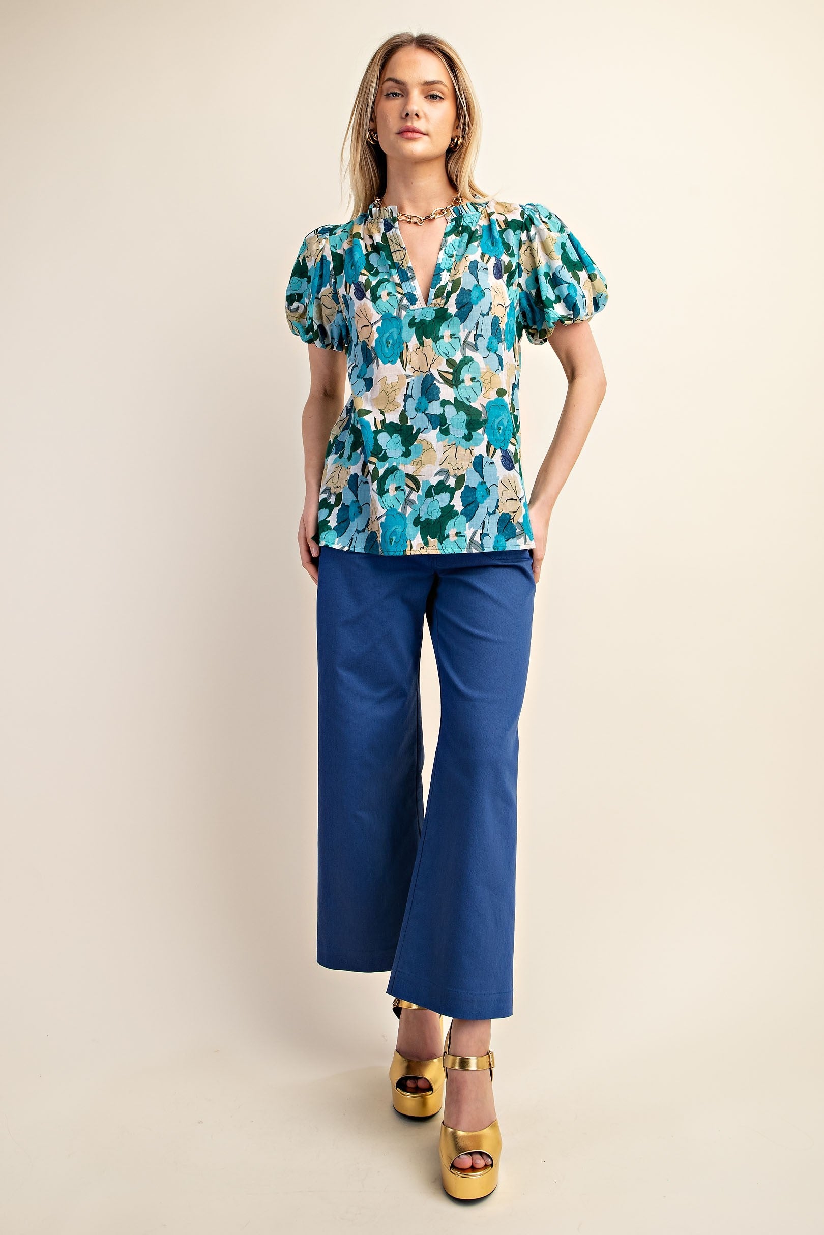 Gigio Vibrant Floral Print Split Neckline Blouse - Curvy Size