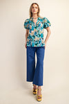 Gigio Vibrant Floral Print Split Neckline Blouse - Curvy Size