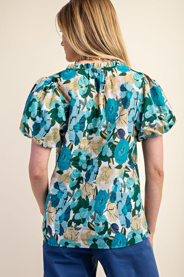 Gigio Vibrant Floral Print Split Neckline Blouse - Curvy Size