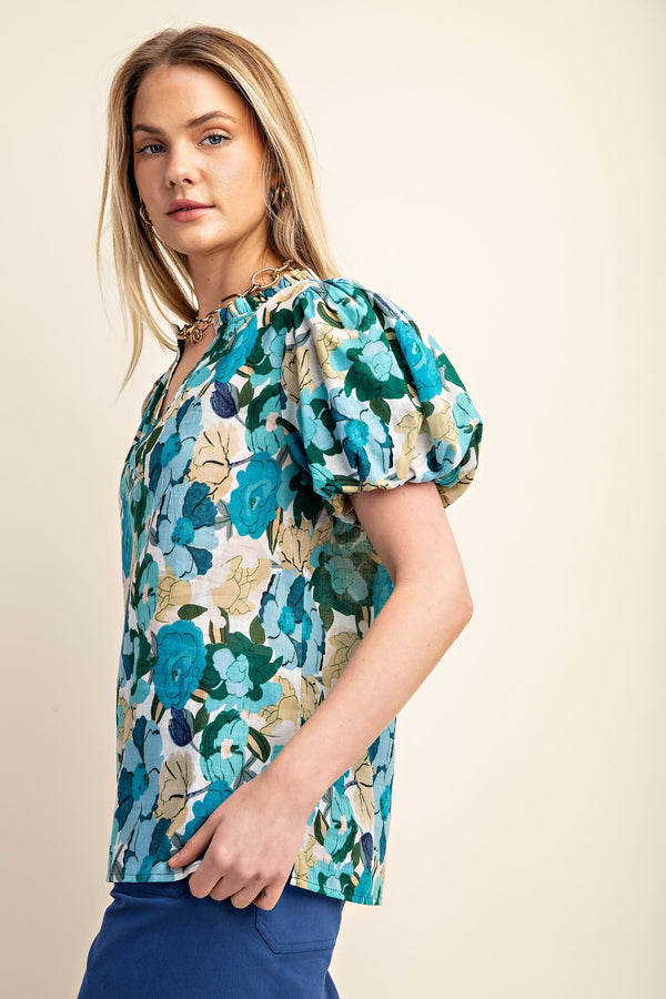 Gigio Vibrant Floral Print Split Neckline Blouse - Curvy Size