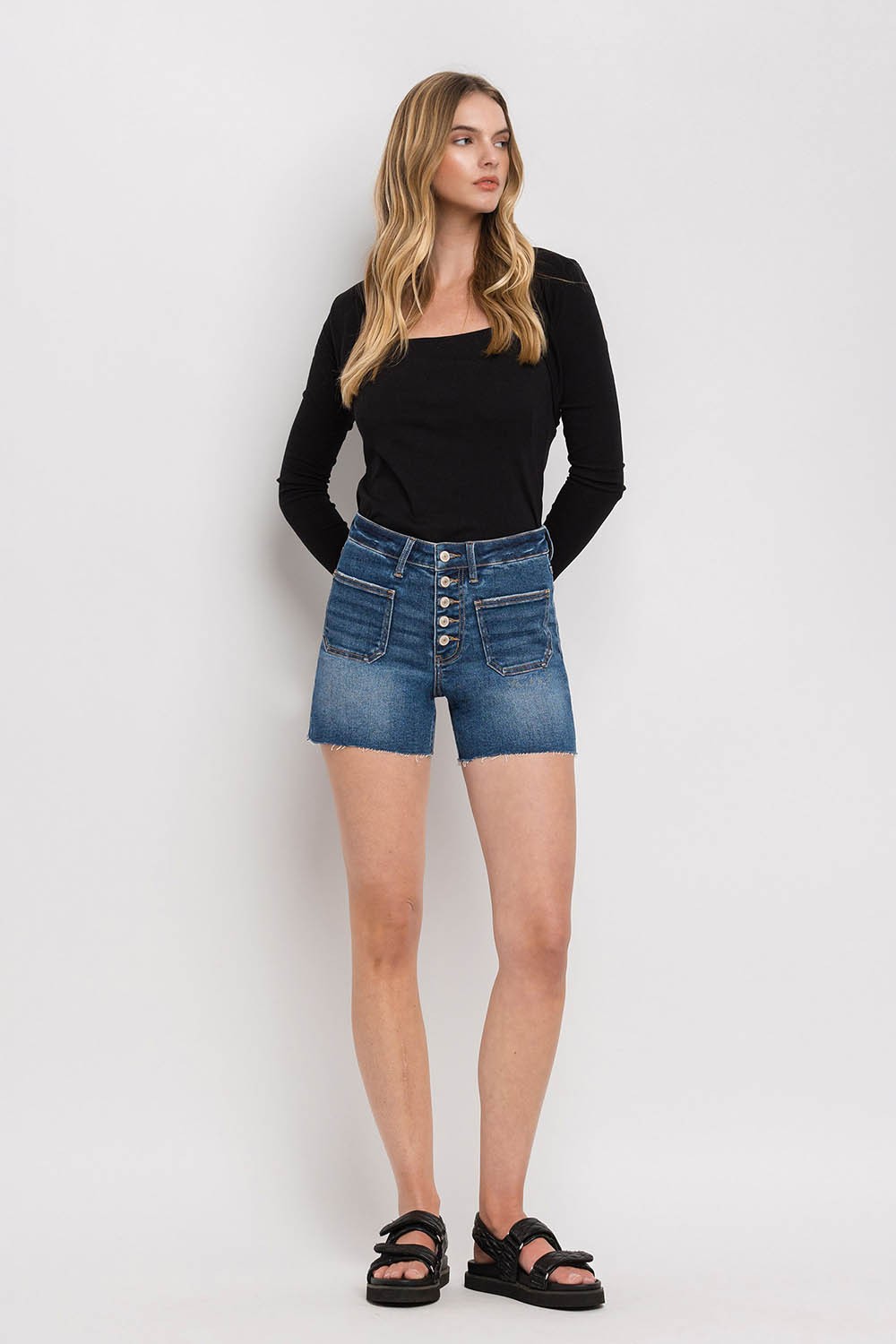 Vervet High Rise Patched Button Fly Shorts