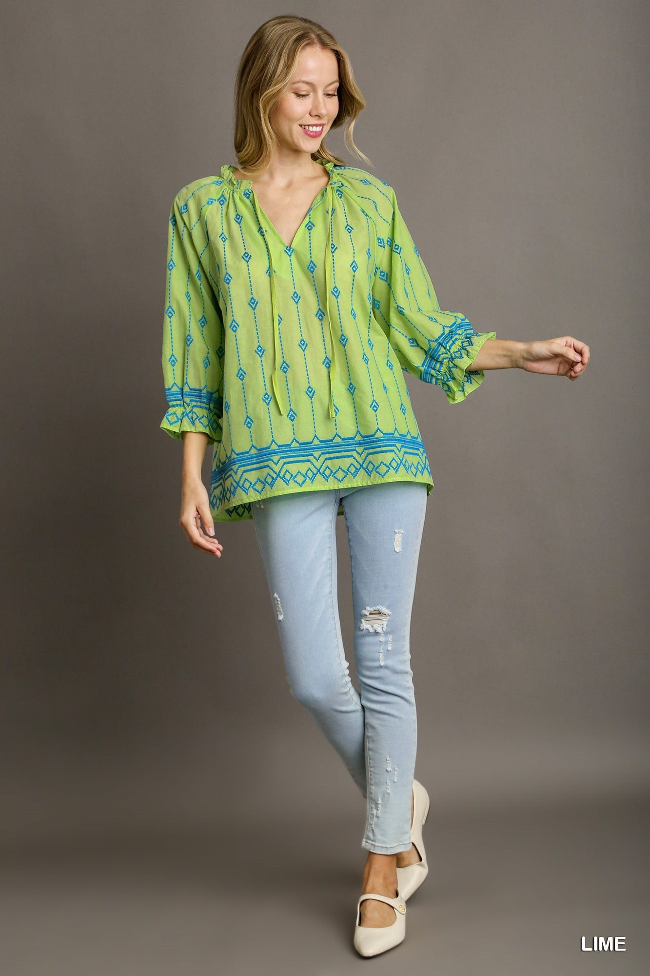 Umgee Boxy Cut Embroidery Top Ruffle Neckline Front