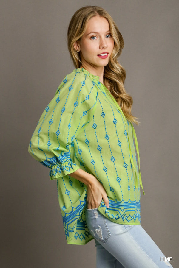 Umgee Boxy Cut Embroidery Top Ruffle Neckline Front