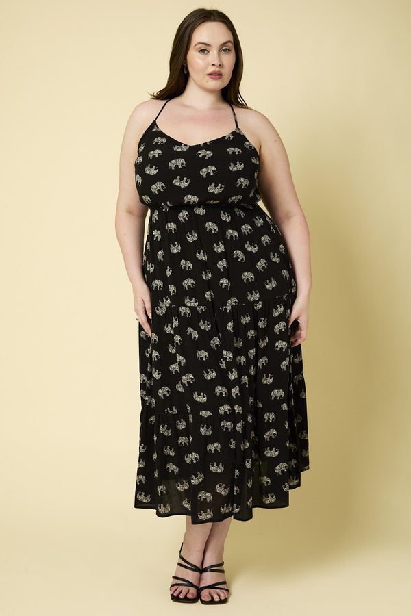 SALE Sleeveless Tiered Animal Print Midi Dress - Curvy Size
