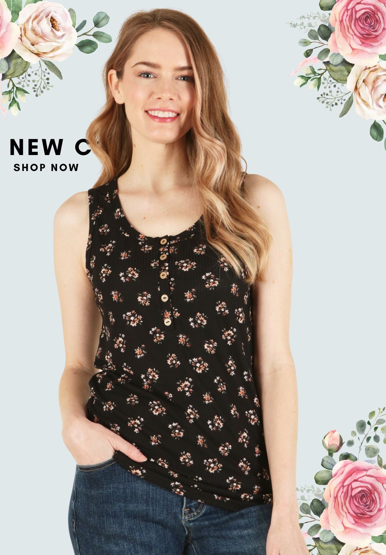 Printed rib henley top - Curvy Size