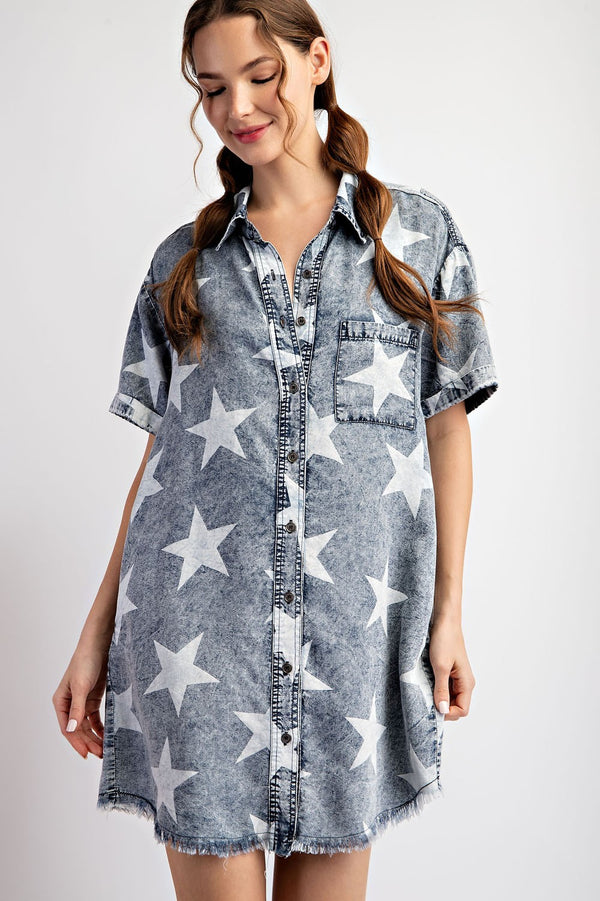 EESOME Mineral Washed Star Printed Mini Dress