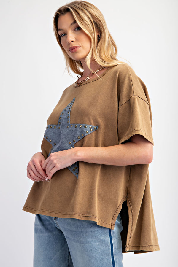 Easel Star Patch Washed Knit Top - Curvy Size