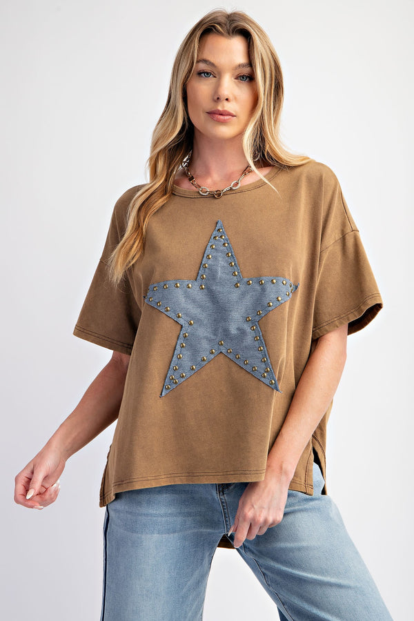 Easel Star Patch Washed Knit Top - Curvy Size